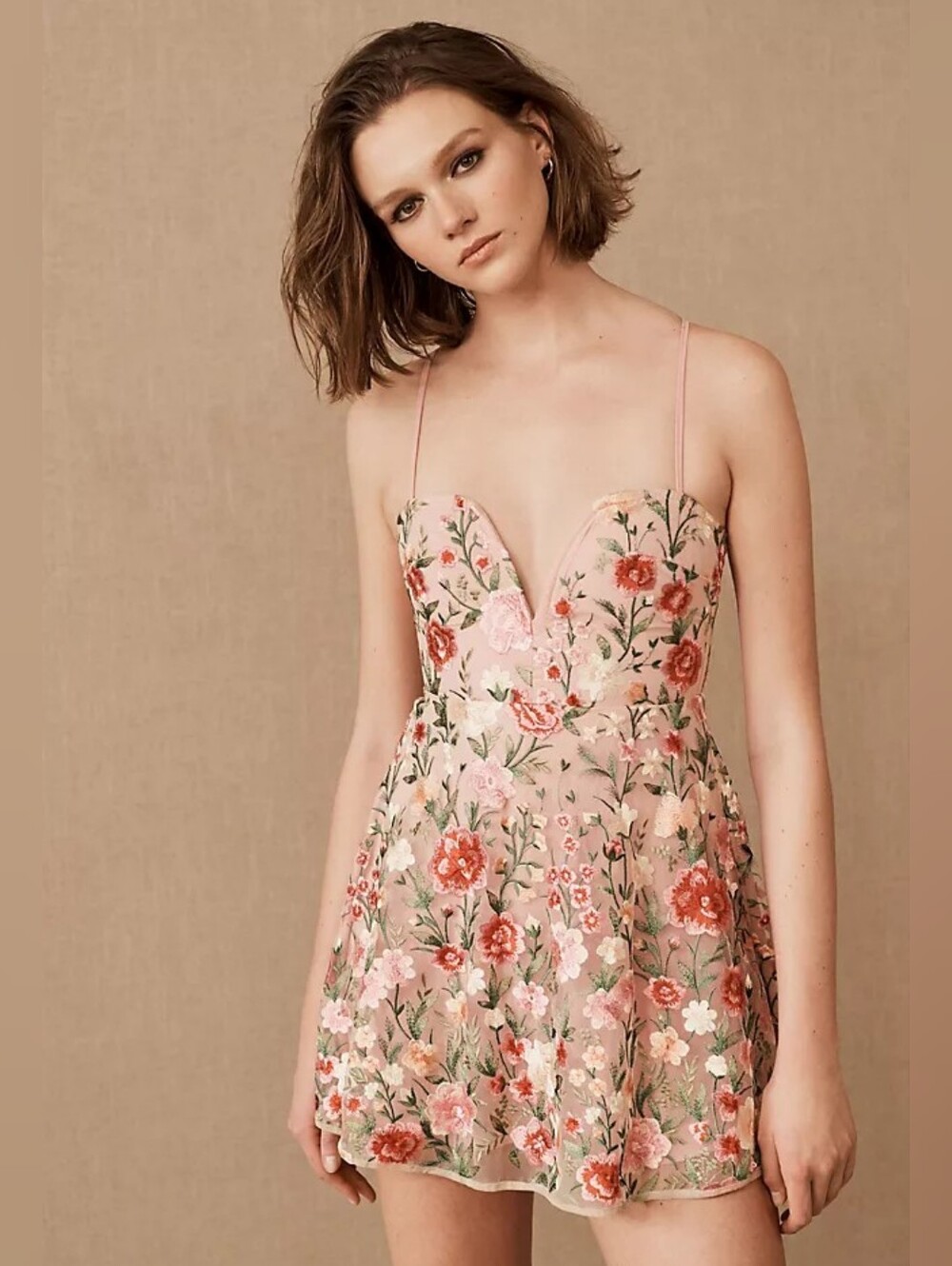 For Love & Lemons Pink Embroidered Floral Mini Dress